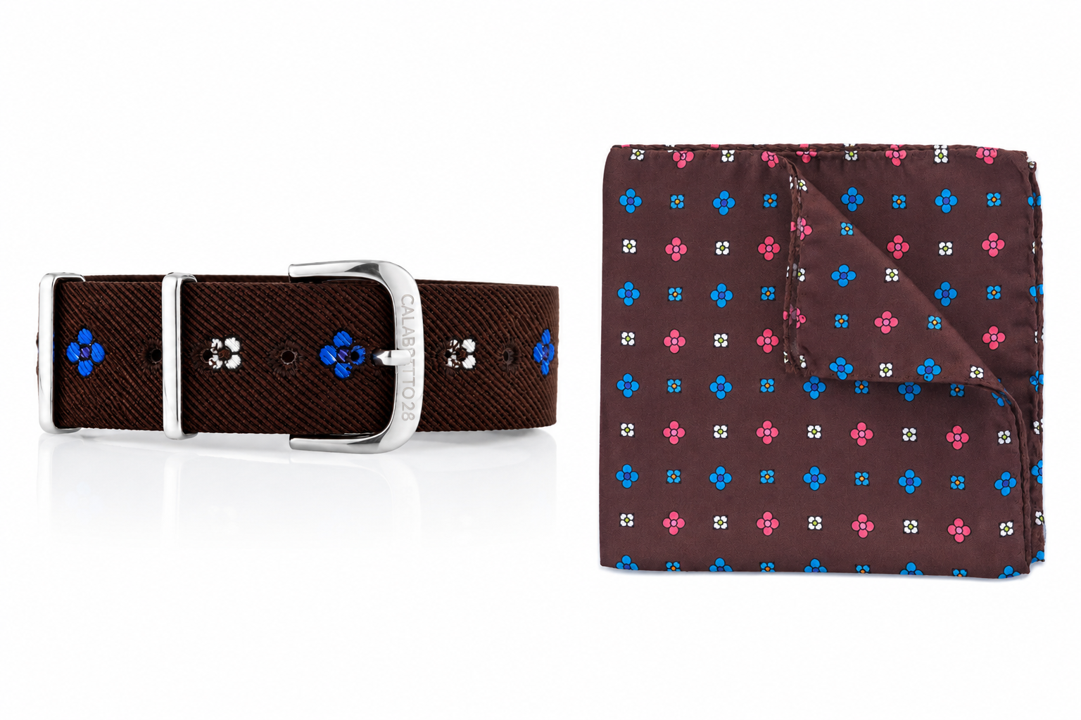 Kit Combo Cinturino & Pochette Big Flower Marrone-Blu